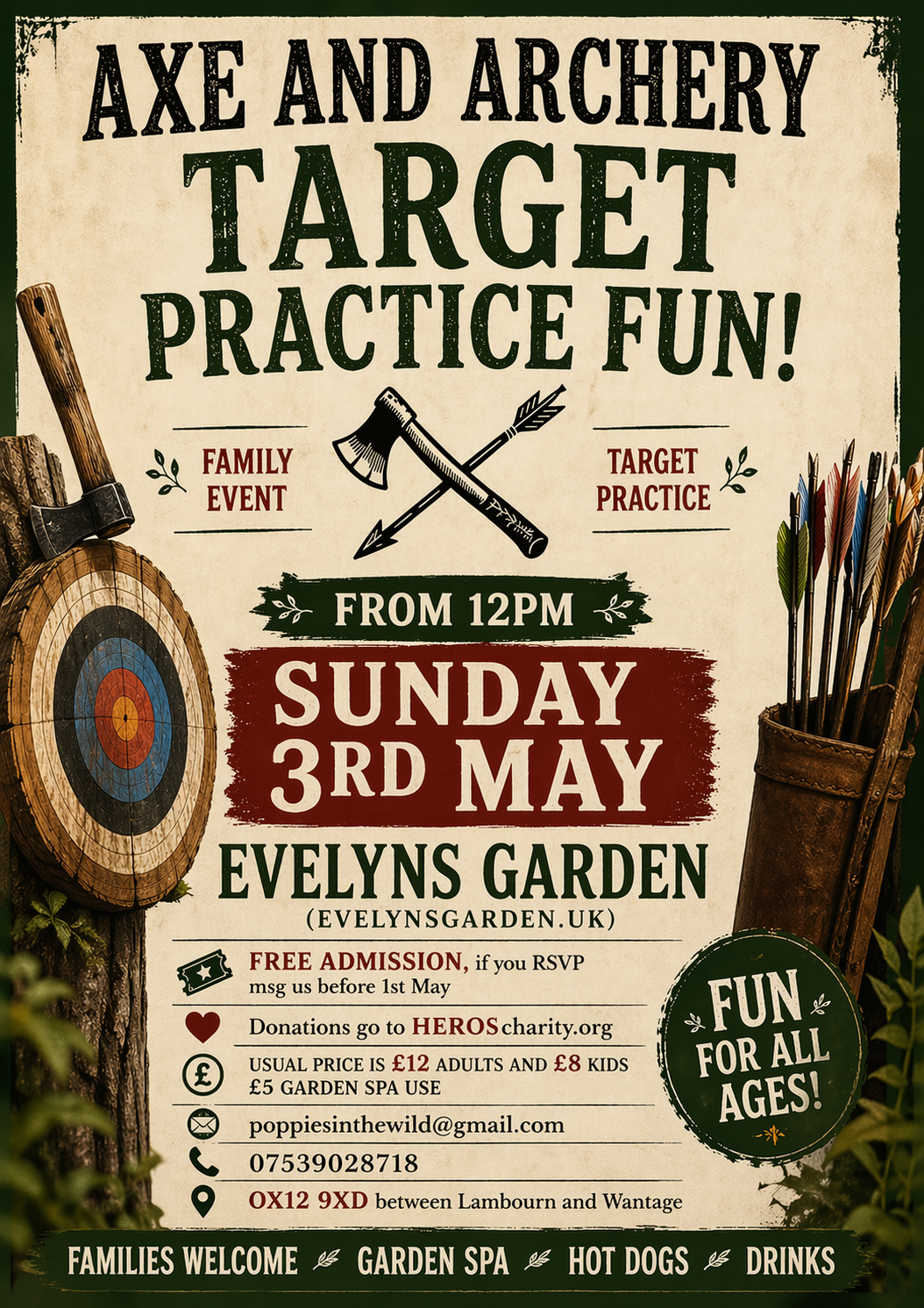 axe throwing, archery, event, festival, family friendly, dogs welcome, Evelyn's garden, wantage, tambourn